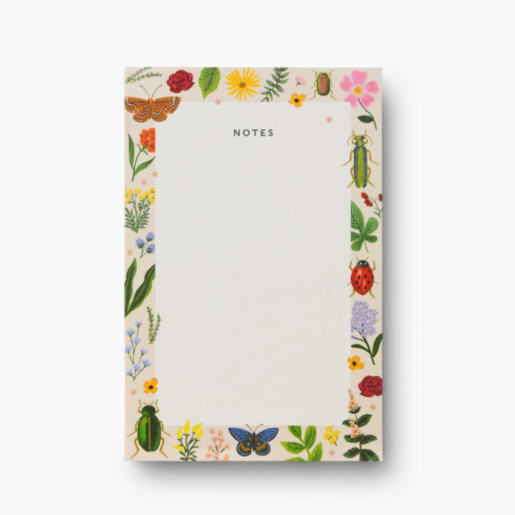 Image shows the Curio Note Pad that reads "Notes" at the top with a boarder of bugs, plants and flowers.