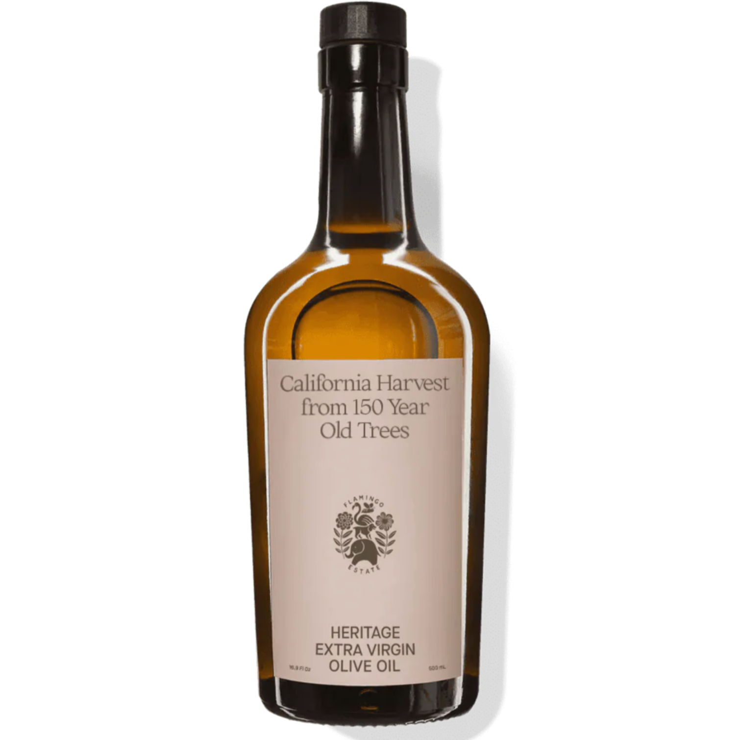 Brown bottle with dusty pink label that reads "California Harvest from 150 Year Old Trees Heritage Extra Virgin Olive Oil"