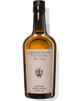 Brown bottle with dusty pink label that reads "California Harvest from 150 Year Old Trees Heritage Extra Virgin Olive Oil"