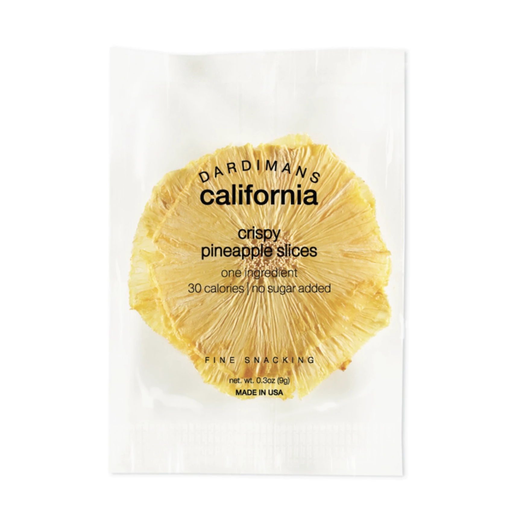Dried pineapple slices in clear package with black writing.