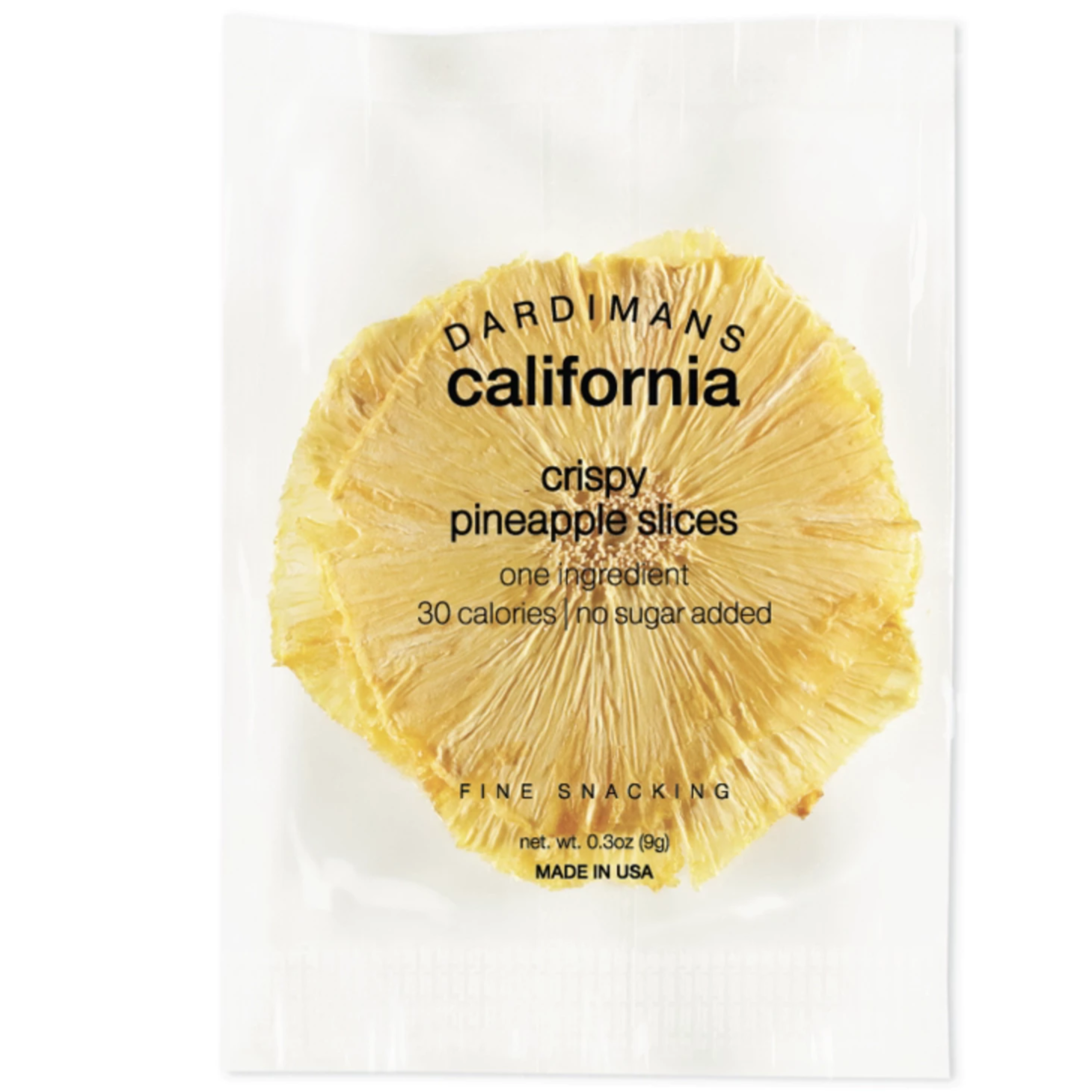 Dried pineapple slices in clear package with black writing.