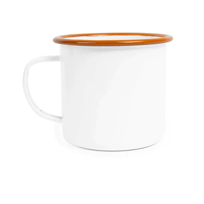 White and Orange Tinware Mug