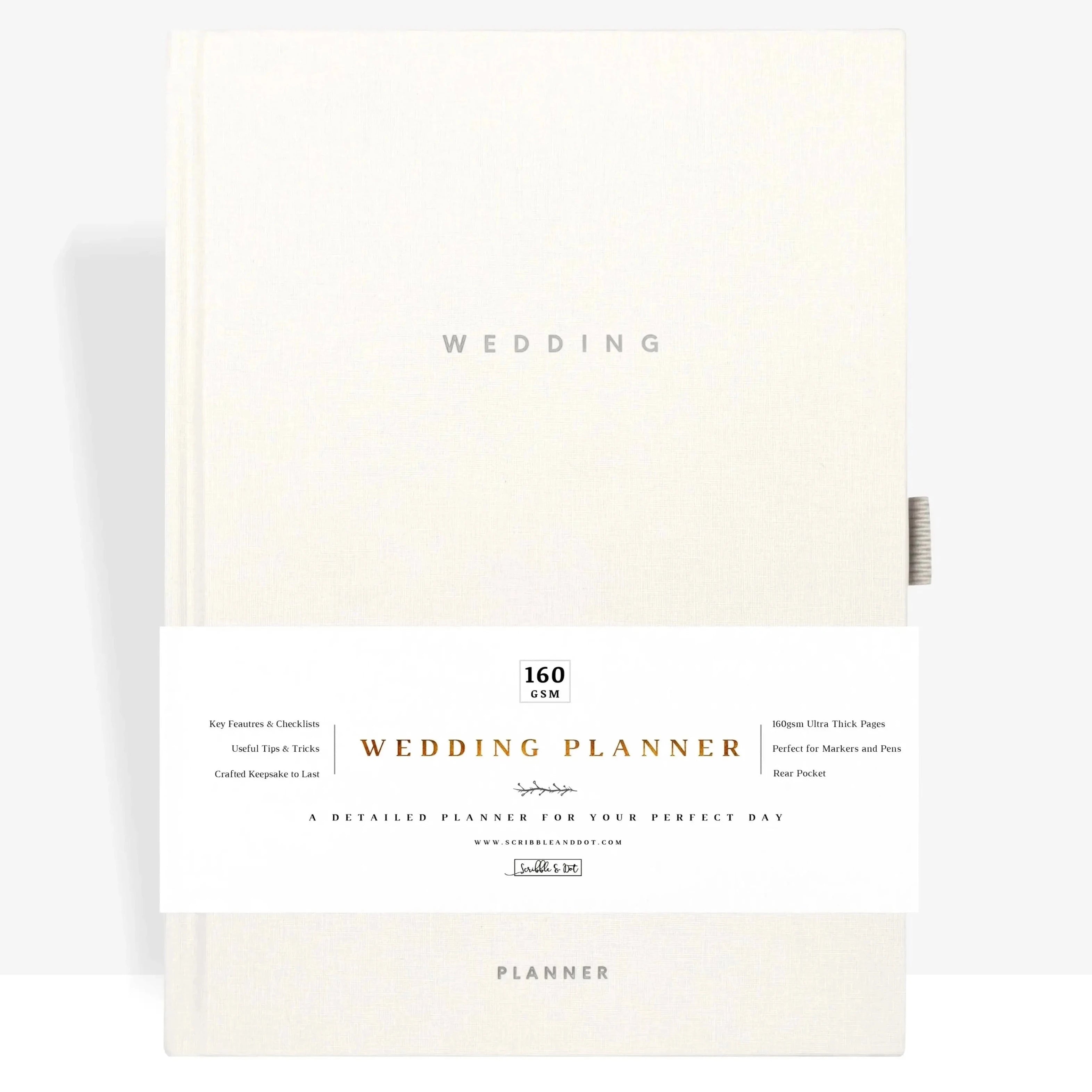 wedding planner against white background. has label In the front with details and features of the planner