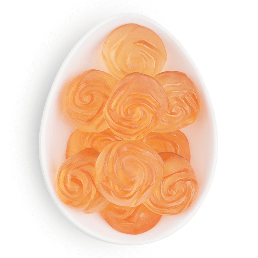 Small white ceramic dish holding rose-shaped pink gummy candies.