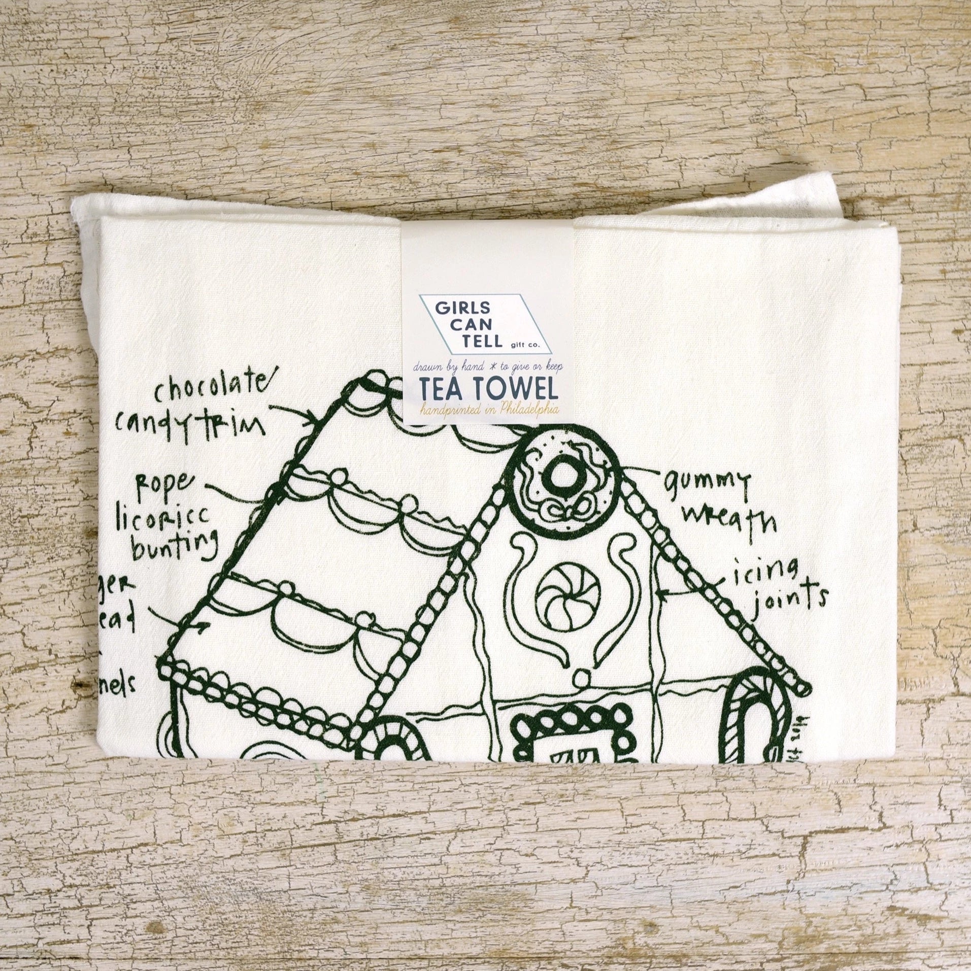 light wooden background with the gingerbread tea towel folded on top of it. Tea towel has black illustration of ginger bread house with arrows pointing to details on the house such as Chocolate candy trim, gummy wreath, icing joints