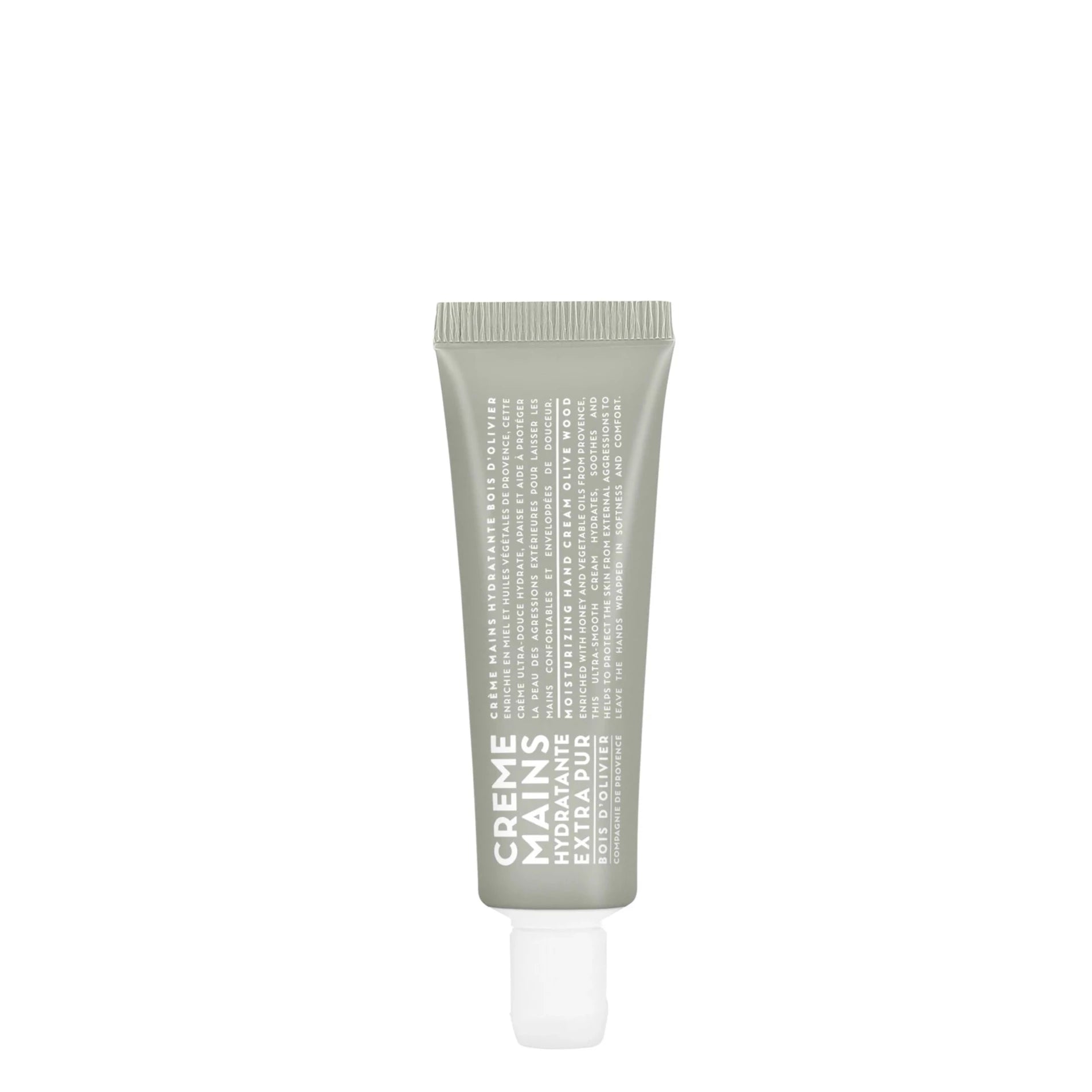 grey tube with white text and white cap for the Olive wood travel hand cream