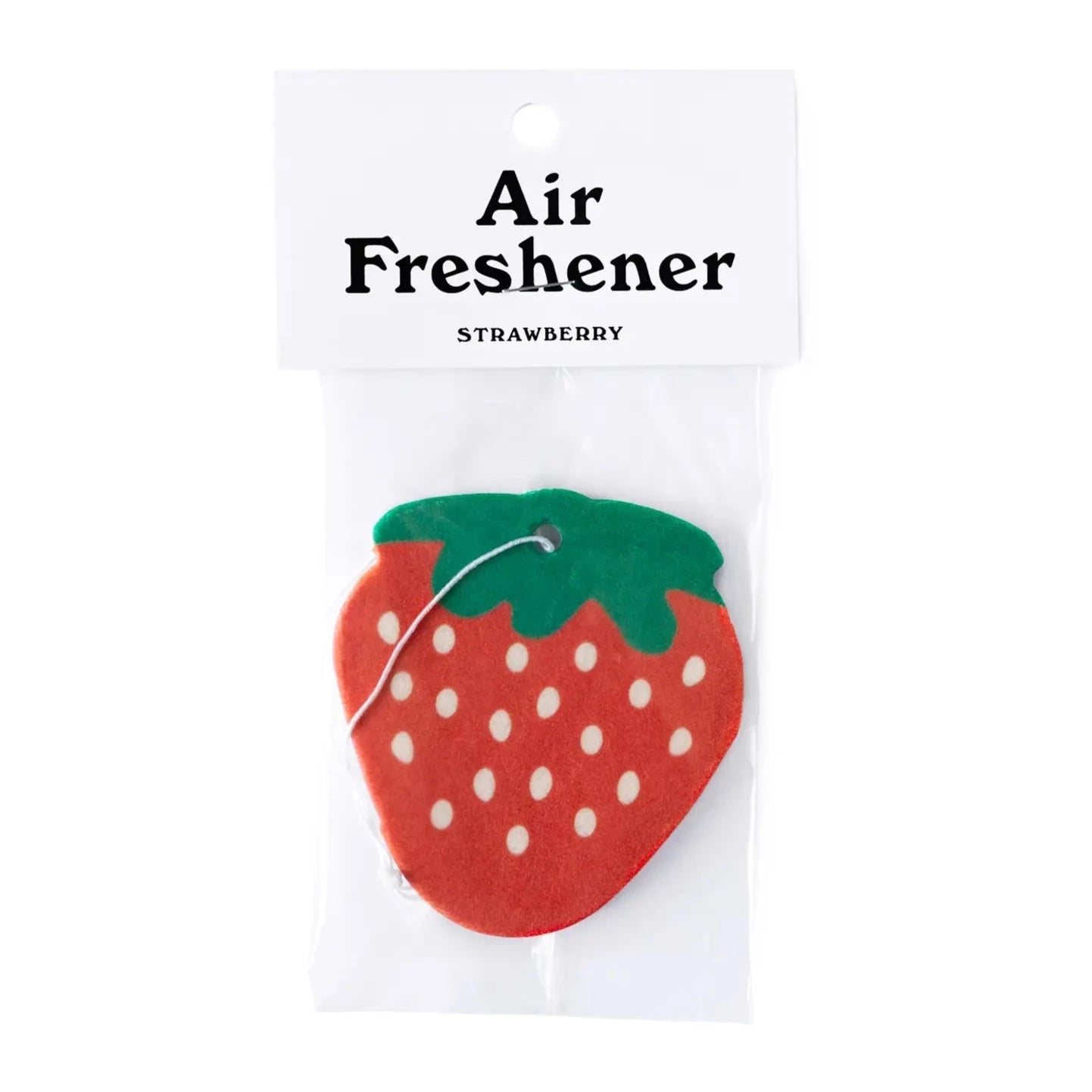 Strawberry shaped air fresher printed to look like a strawberry. It has the green leaves and white spots- overall strawberry is red. Comes in clear bag with white tag stated to the top