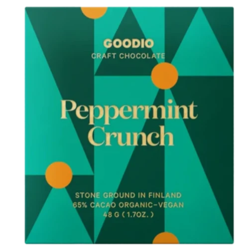 Square chocolate with green and dark green triangle patterned background. Has golden circles printed in-between some triangles. Text is in gold and reads "Peppermint Crunch Stone Ground IN Finland"