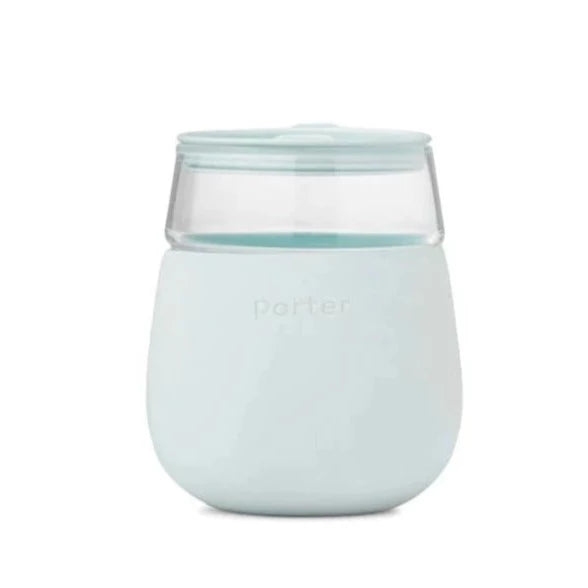 mint sleeve with clear glass stemless wine glass